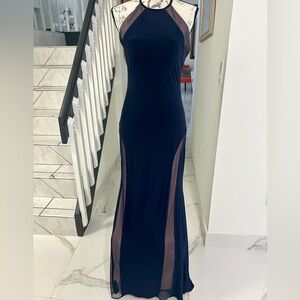 Night Way Collections Navy Blue Maxi Dress with Sheer Panels Stretchy Size 8
